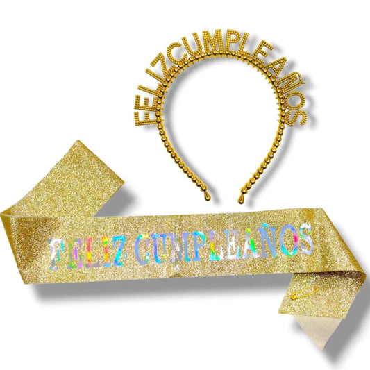 CL3-SET VINCHA + BANDA LETRAS TORNASOLADOS FELIZ CUMPLEANOS 3 COLORES