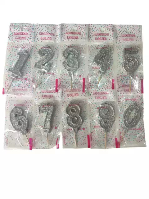 CL3-VELAS PLATEADO NÚMERO C/BRILLO / ELEGIR NUMERO EN WHATSAPP/