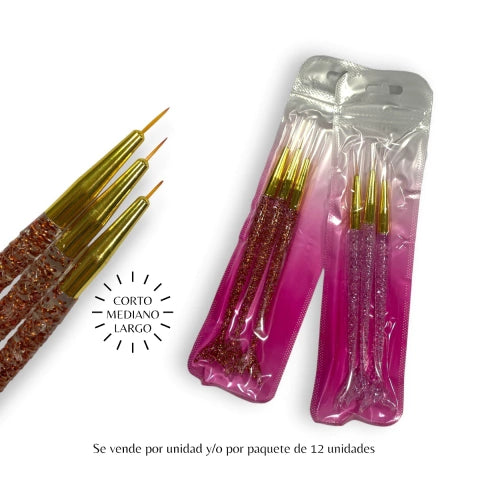 GMF-PINCEL LINER PARA UÑAS X3 TAMAÑOS SIRENA CON GLITTER COD.94080