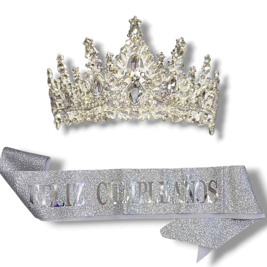 CL3-SET CORONA METAL + BANDA FELIZ CUMPLEANOS 3 COLORES