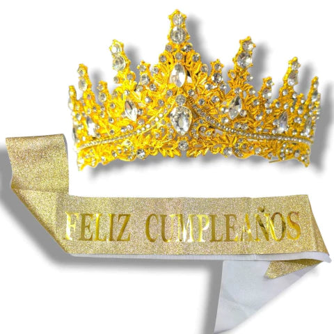 CL3-SET CORONA METAL + BANDA FELIZ CUMPLEANOS 3 COLORES