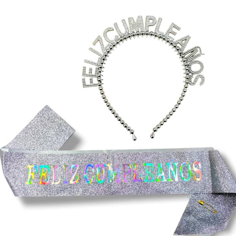 CL3-SET VINCHA + BANDA LETRAS TORNASOLADOS FELIZ CUMPLEANOS 3 COLORES