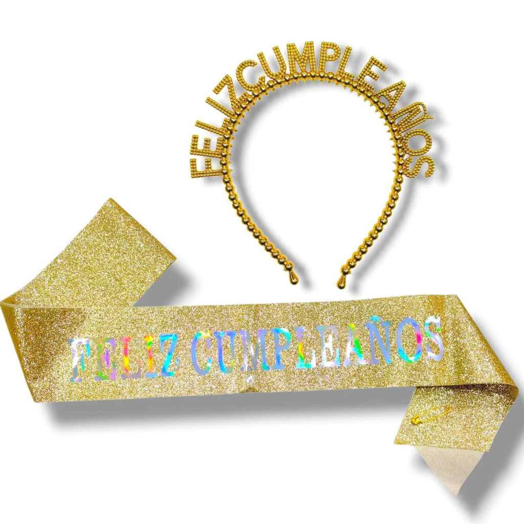 CL3-SET VINCHA + BANDA LETRAS TORNASOLADOS FELIZ CUMPLEANOS 3 COLORES