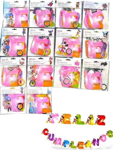 BANDERINES 3D, DE PERSONAJES FELIZ CUMPLEANOS